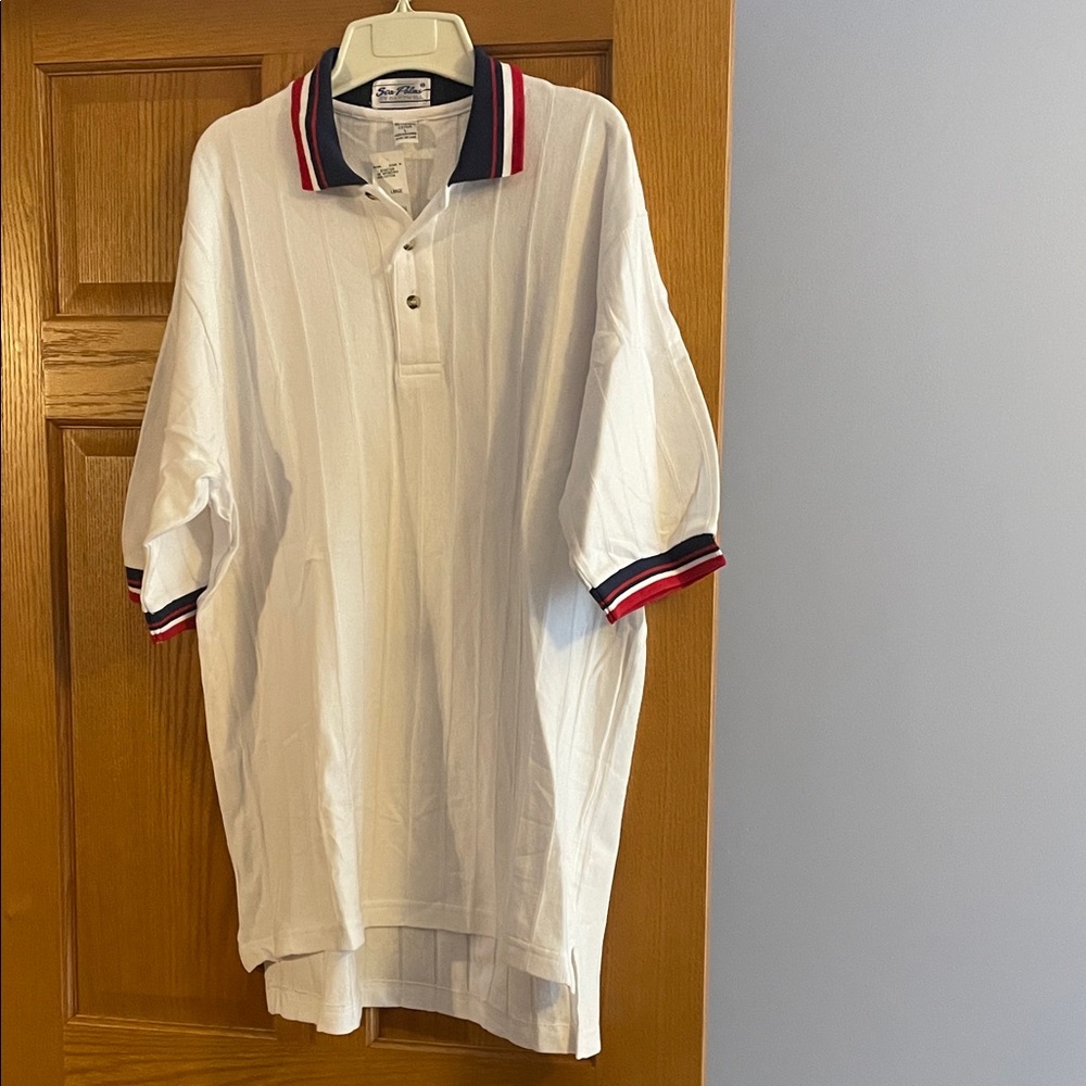 Elegant White Polo Shirt with Red and Blue Trim